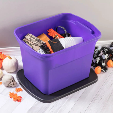 Hella Spacious 18 Gallon Storage Tote With Snug Snap Lid, Stackable Plastic Bins For No Sweat Closet Organization, Durable Handle Grips, Opaque Purple Build, 16 Piece Set filled with seasonal decor.