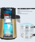 4 Liter Water Distiller With Glass Carafe And Stainless Interior Auto Shut Off Pure Drinking Water Maker For Home Office shown from the front with clear tank.