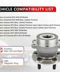 Rear Wheel Bearing And Hub Assembly Pair For Subaru Crosstrek 2016 Through 2018, Crosstrek 2019 Through 2020, Impreza 2012 Through 2021, Forester 2014 Through 2018 And XV Crosstrek 2013 Through 2015 5 Lug Durable OEM Grade shown with vehicle compatibility list in background.