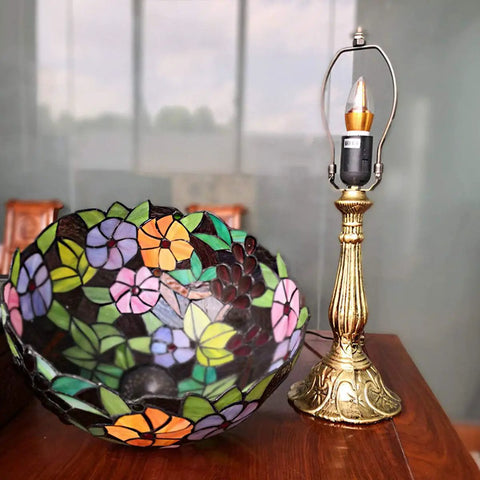 Tiffany Style Grape Rose Dope Stained Glass Table Lamp Handcrafted For Bedroom Living Room And Home Office Desk Decor With LED E26 Bulb Included 12x12x18 Inches, featuring colorful glass shade and ornate metal base.