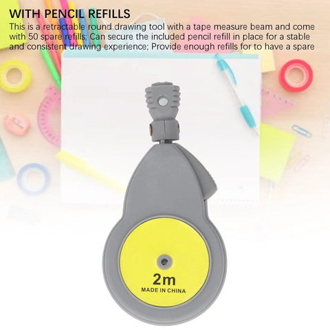 Heavy Duty Rotating Beam Compass With Retractable Tape Measure And Fifty Pencil Refills For No Sweat Pro Shop Layouts And Dead Nuts Dual Scale Accuracy close-up of tape measure tool with yellow and gray design.