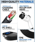 No-Brainer Level 2 EV Charger 48 Amp 240V materials: copper alloy charging cable, nylon gun head, UL94-VO IPC shell.