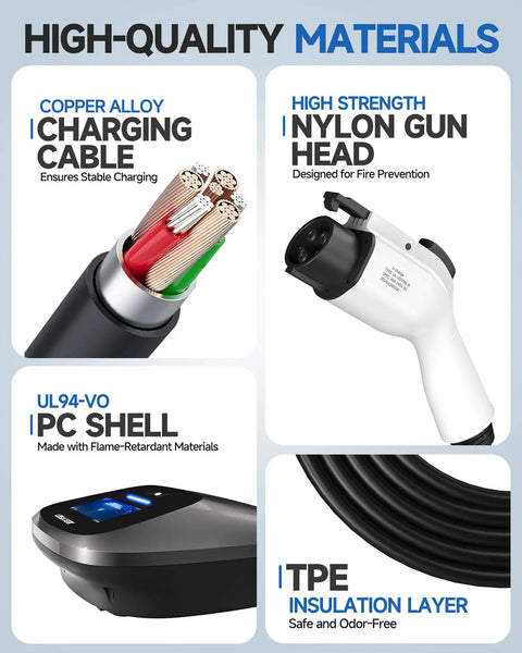 No-Brainer Level 2 EV Charger 48 Amp 240V materials: copper alloy charging cable, nylon gun head, UL94-VO IPC shell.