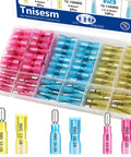 110-Piece Heat Shrink Bullet Wire Connectors Kit For Automotive Boats Stereo And Industrial Equipment Waterproof Male And Female Bullet Connectors 22-16 And 16-14 AWG with color-coded red, blue, yellow connectors in a tray.