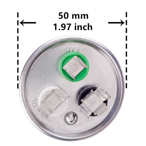 Top view of 30 And 7.5 Microfarad Dual Run Start Capacitor 370 And 440 VAC CBB65B with terminal connections and size markings.