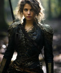 Woman in medieval attire with Medieval Leather Back Sword Shoulder Frog With Adjustable Sheath Holster For Renaissance Warrior Costumes.