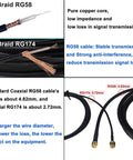 Comparison of 96 Braid RG58 and 64 Braid RG174 cables showing differences in size, impedance, and signal transmission properties.