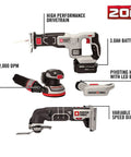 Killer 20V Max Lithium Eight Tool Combo Kit With Dual Batteries And Quick Charger features tools with LED light and variable speed dial.