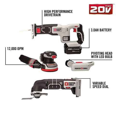 Killer 20V Max Lithium Eight Tool Combo Kit With Dual Batteries And Quick Charger features tools with LED light and variable speed dial.