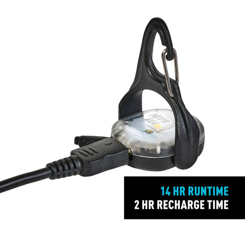 Moonlit Rechargeable Micro Lantern For Camping And Hiking with USB cable and carabiner clip, highlighting 14 hr runtime.