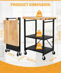 Foldable Kitchen Storage Cart With Solid Oak Top 3 Tier Rolling Metal Utility Rack Lockable Wheels For Microwave Pots And Pans