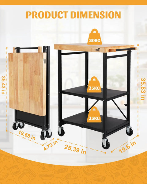Foldable Kitchen Storage Cart With Solid Oak Top 3 Tier Rolling Metal Utility Rack Lockable Wheels For Microwave Pots And Pans