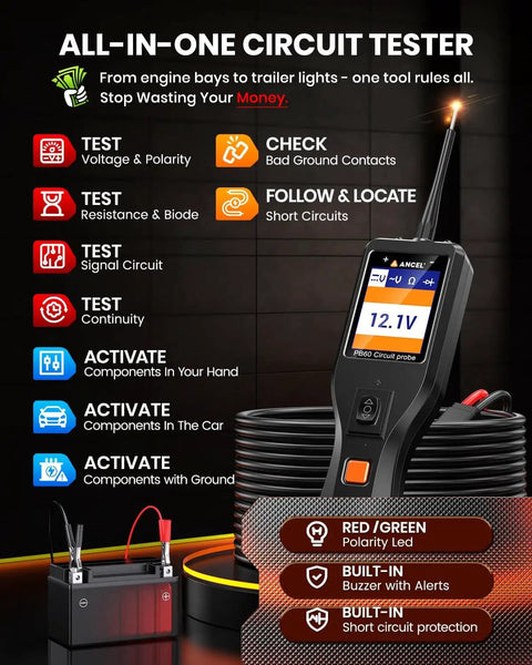 Power Circuit Tester For 12V 24V Automotive Systems All In One Electrical Diagnostic Tool with screen showing 12.7V