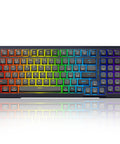 Sick Tri Mode Wireless Gaming Keyboard With Gasket Mount Mechanical Structure Hot Swappable Switches Eight Thousand Mah Battery Damped Creamy Sound Dial Knob Full Rgb Ninety Eight Layout For Beat Desktop Rig top view with full RGB backlighting on keys