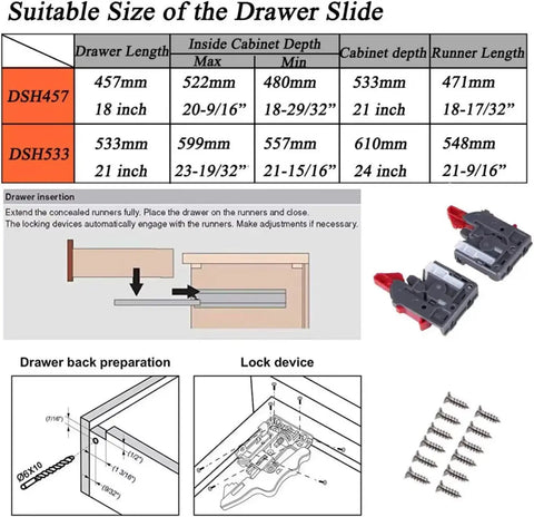 2 Pack 21 Inch Undermount Drawer Slides With Soft Close Action Full Extension Concealed Runner Set size chart and installation guide