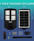 Components of Ultra Bright Outdoor Solar Street Light with Dusk to Dawn Sensor, motion detection, and remote control.