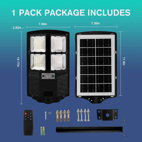 Components of Ultra Bright Outdoor Solar Street Light with Dusk to Dawn Sensor, motion detection, and remote control.
