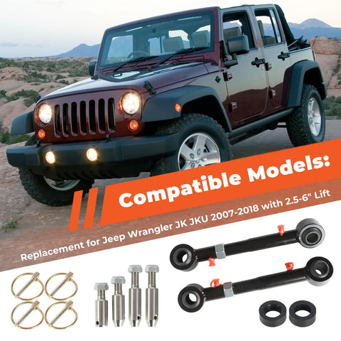 Front Sway Bar Links For 2.5 To 6 Inch Lift Jeep JK 2007 2018 Replacement With Quick Disconnect Adjustable Grease Fittings For Easy Bushing Lubrication And Smooth Quiet Operation. Jeep Wrangler JK with sway bar links and hardware