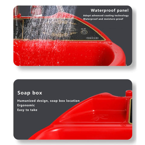 Premium Portable Electric Water Heater Grab And Go Mobile Shower System waterproof panel and soap box detailed view.