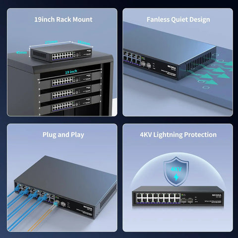 18 Port 2.5G Ethernet Switch With 2x 10G SFP Plus Uplinks Unmanaged No-Fuss Plug and Play Network Switch features shown.