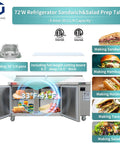 72 Inch Commercial Refrigerator Top Shelf Cold Prep Table for Sandwiches and Salads Fits Thirty Half Size Pans showing open doors with food trays.