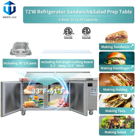 72 Inch Commercial Refrigerator Top Shelf Cold Prep Table for Sandwiches and Salads Fits Thirty Half Size Pans showing open doors with food trays.