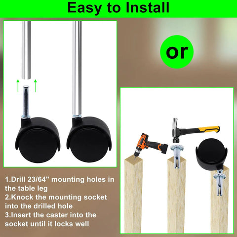 Installation guide for Two Inch Plastic Swivel Casters Four Pack With M8 Neck Stem For Furniture Chairs Tables And Shelves 360 Degree Rotation