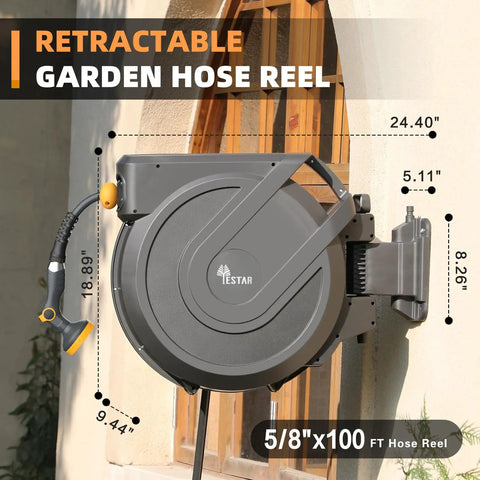 Heavy Duty Retractable Garden Hose Reel Workhorse Five Eighth Inch By One Hundred Feet, Wall Mounted