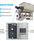 Control panel of Built Like A Tank Horizontal Pneumatic Filling Machine With 80 Liter Heating Mixing Hopper and settings for speed and temperature.
