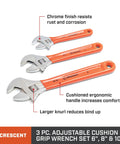 Three Piece Adjustable Cushion Grip Wrench Set with 6 Inch, 8 Inch, and 10 Inch Jaw Wrenches, orange ergonomic handles.