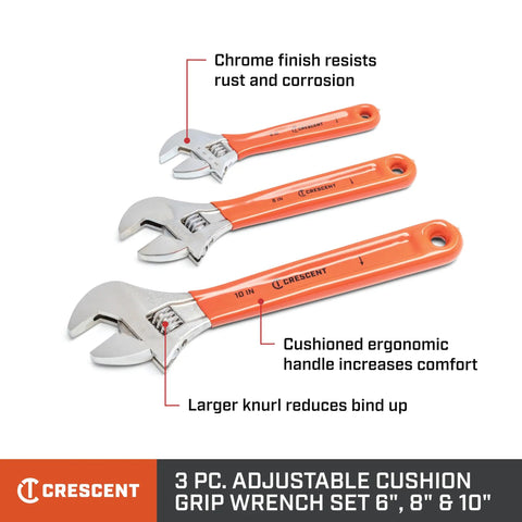 Three Piece Adjustable Cushion Grip Wrench Set with 6 Inch, 8 Inch, and 10 Inch Jaw Wrenches, orange ergonomic handles.