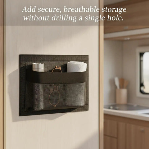 Versatile Self Adhesive Mesh Pocket Wall Organizer For RV Boat And Home Durable Polyester 9.8 By 7.1 Inches with toiletries