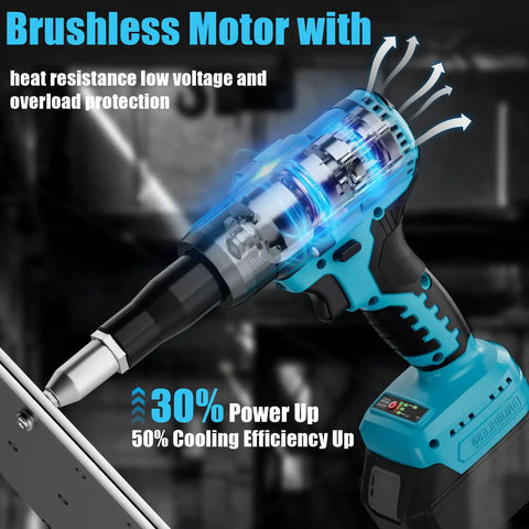 Straight Up Heavy Duty Knockout Brushless Cordless Rivet Gun showing brushless motor with cooling features for durable use.