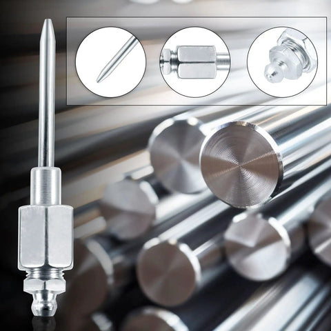 Close-up of Seven Piece Grease Gun Accessory Kit components, focusing on needle dispenser, nozzles, and fittings for tight spaces.