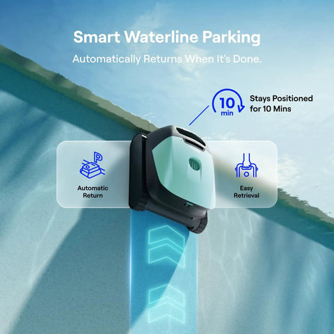Sora 10 Cordless Pool Vacuum Robot demonstrating smart waterline parking in a pool with automatic return and retrieval features.