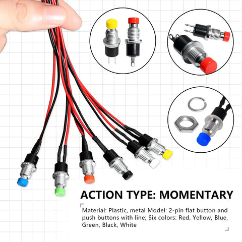 12 Pack Mini 7mm Momentary Push Button Switch Kit, 1A 250V SPST Normally Open, 2 Pin Terminals, 6 Prewired Round Push Buttons PBS 110, Perfect for DIY Projects Arcade Cabinets Controllers And Electronics. Prewired 7mm metal momentary buttons in six colors