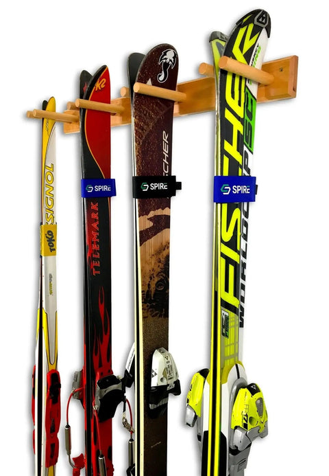 Timber Ski Wall Rack Four Pairs Vertical Ski Storage In Natural Wood For Home Or Garage Mount System holding four skis