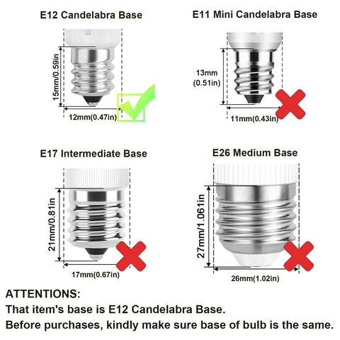 Dimmable E12 LED Bulb 7W Replaces 60W Halogen, E12 candelabra base size comparison chart for correct bulb fitting