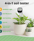 4 In 1 Soil Moisture Meter With Fertility PH And Sunlight Meter For Gardening And Farming Easy To Use Soil Tester For Indoor And Outdoor Plants Plant Care Gauge For Home Gardeners And Pros, white handheld probe in potted plants