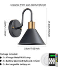 Battery Operated Wall Sconce Set With Remote, Black Farmhouse Gooseneck Barn Lights; dimensions, remote, and batteries shown.