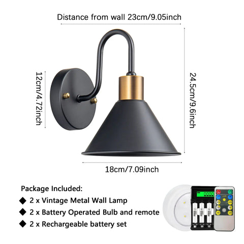 Battery Operated Wall Sconce Set With Remote, Black Farmhouse Gooseneck Barn Lights; dimensions, remote, and batteries shown.