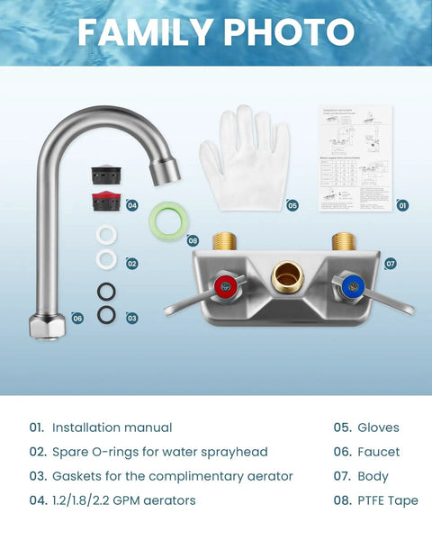 iVIGA Commercial Hand Sink Faucet: 4" Swivel Spout 4'' Center Wall Mount Utility Faucet, parts laid out for assembly.