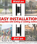 2 Pack Heavy Duty Outdoor Gate Hinges With Sealed Bearings Adjustable Yoke pivot hinge shown with weld on and bolt on installation options.