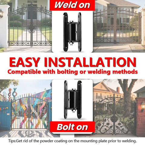 2 Pack Heavy Duty Outdoor Gate Hinges With Sealed Bearings Adjustable Yoke pivot hinge shown with weld on and bolt on installation options.