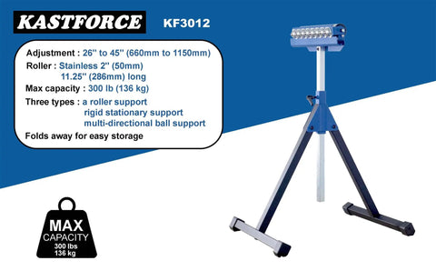 Beefy Heavy Duty Roller Stand With 300 Lb Capacity, 3 In 1 Roller, Adjustable Miter Saw Extension, Folds Flat For Easy Storage, Height Adjustable From 26 To 45 Inches, Stainless Steel Roller, 2 Inch KF3012 shown with adjustable tripod support and roller options