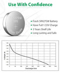 Close-up of SR927SW 395 silver oxide button cell battery with voltage graph, part of Ten Pack SR927SW 399 Watch Batteries Top Shelf Silver Oxide Button Cells 1.55v Heavy Duty Leak Proof Replacement Power Cells Built To Keep Your Favorites Running Like A Charm Without Any Funny Business Or Dead Ends.