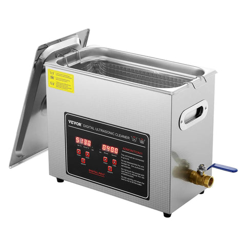 Heavy Duty 6L Ultrasonic Cleaner With Digital Timer And Heater Killer Performance For Watches Glasses Rings And Small Circuit Boards Squeaky Clean Pro Grade Washing System in stainless steel with digital controls.
