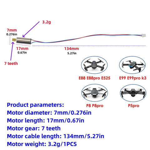 RC Drone Motor Set For E88 E88PRO E88MAX E525 E99 E99PRO P1 P5PRO K3 S1 P8 Quadcopter, motor dimensions and specs displayed.