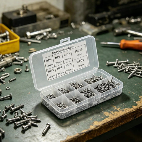 800Pcs M2 Self-Tapping Screws Assortment Kit in organized storage case on a workbench for home improvement projects