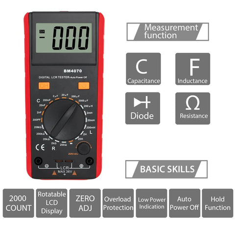 Front view of LCR Meter Capacitance Inductance Resistance Tester with LCD Overrange Display and measurement functions chart.